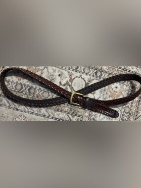 Woven Braided Brown Leather Belt - Genuine Leather - Antique Brass Buckle - 40